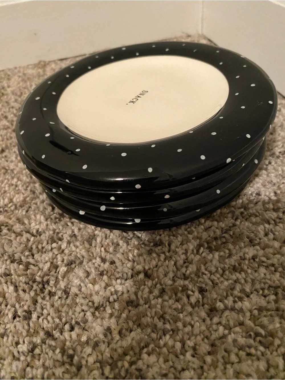 RAE DUNN Set Of 4 Black Polka Dot Accent Snack Plates